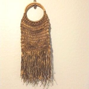 Fun Boho- Chic Lined Macrame Bag with Wood Handle and Fringe